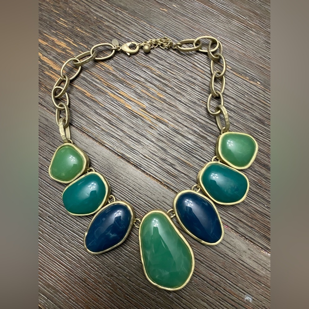 Chico's Green & Blue Faux Stone Fashion Statement Necklace Gold Tone Signed!